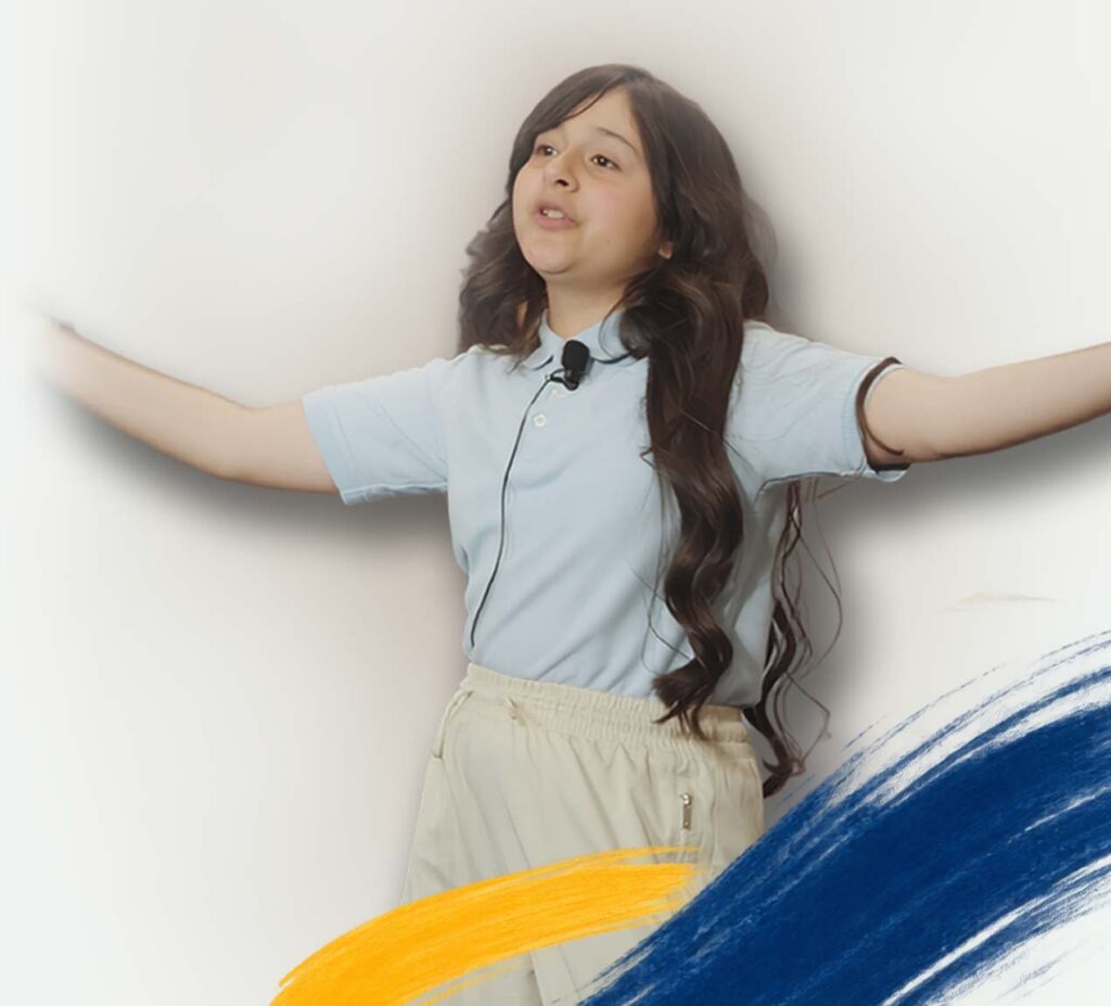 Girl singing with outstretched arms